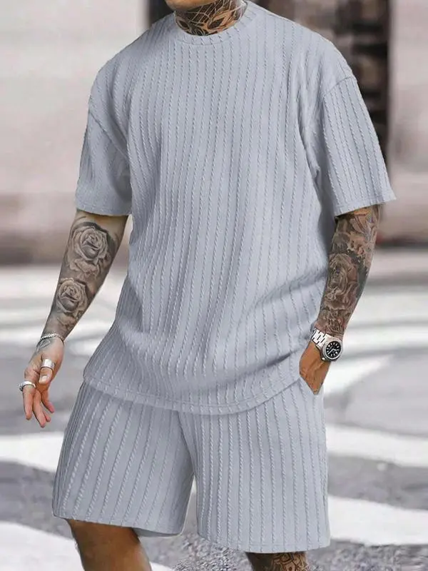 Men's Solid Textured Drop Shoulder Short Sleeve Tee & Drawstring Waist Shorts Set, Spring & Summer Clothes, Back To School Loose Casual Fashion Crew Neck T-shirt & Pocket Shorts for Daily Outdoor Wear, Men Outfits, Fall Outfits