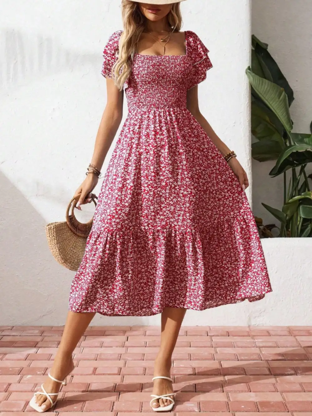 Gathered Detail Floral Printed Ruffle Dress