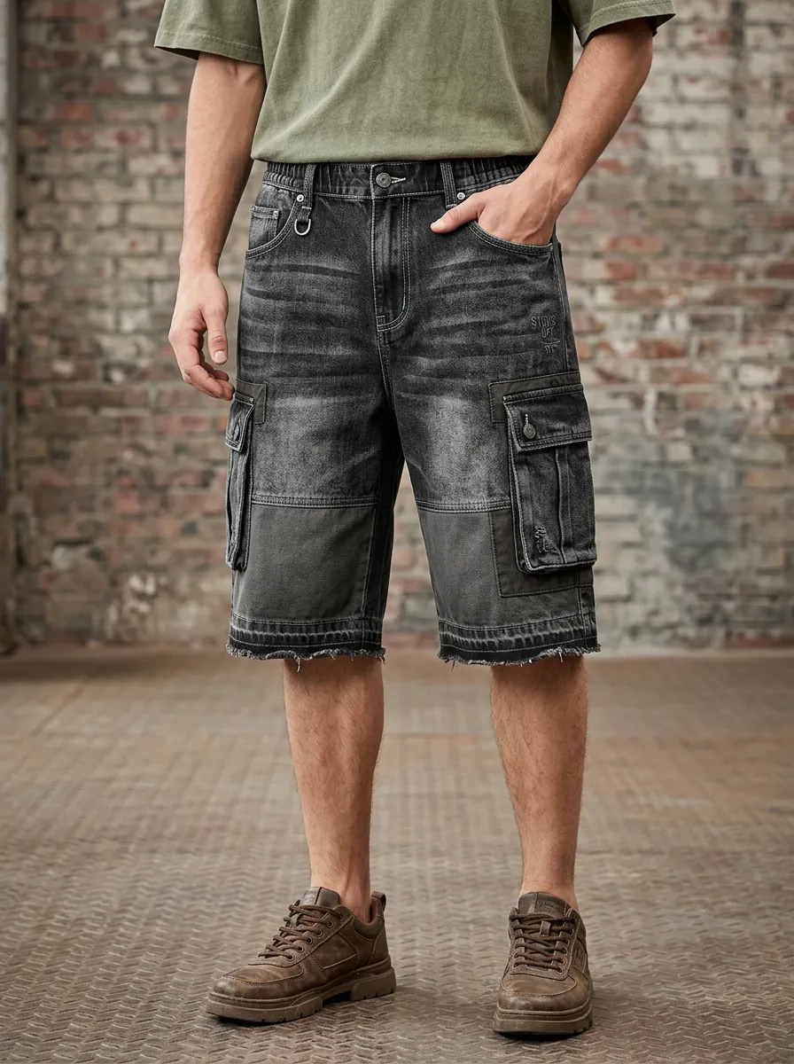 Men's Cargo Denim Shorts with Zip Fly