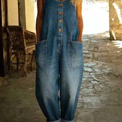 Women' Retro Buckle Jumpsuit Multi-Pocket Overalls