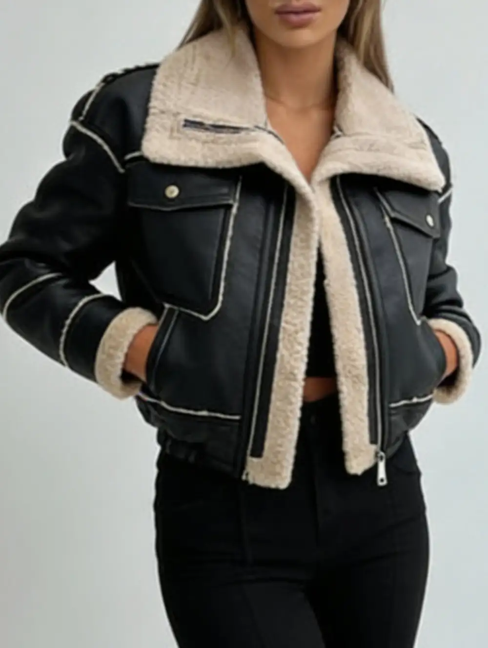 Short Zip Front Motorcycle Pu Leather Jacket