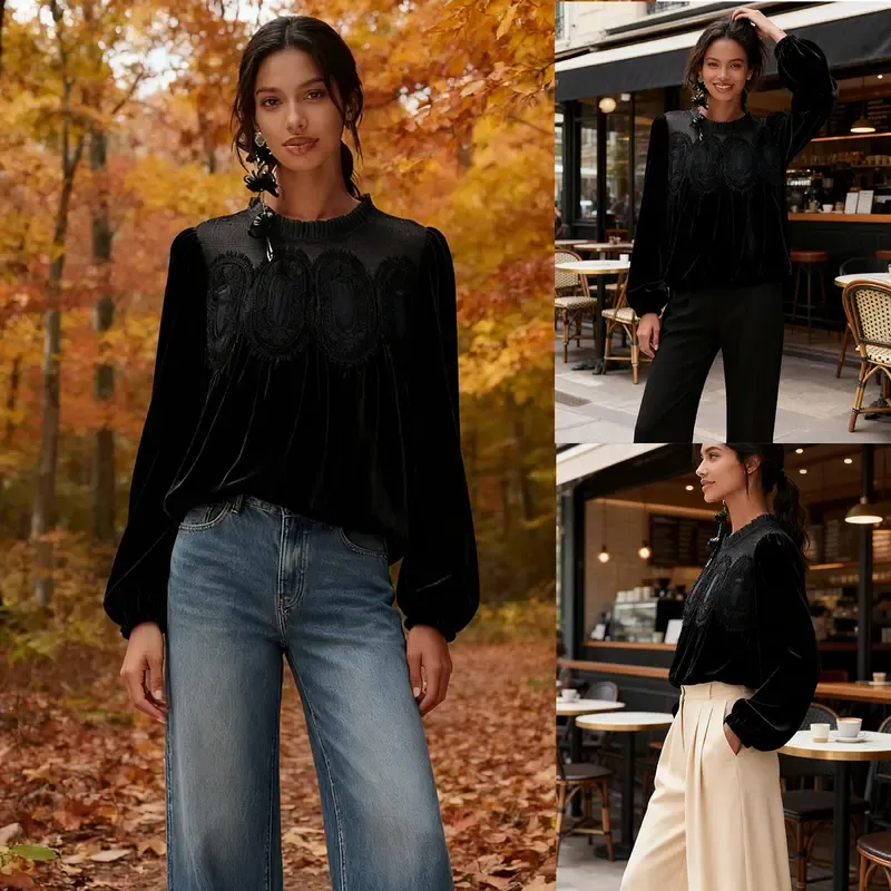 Women'S Long Sleeve Velvet Trim Lace Blouse Elegant Flared Swing Top