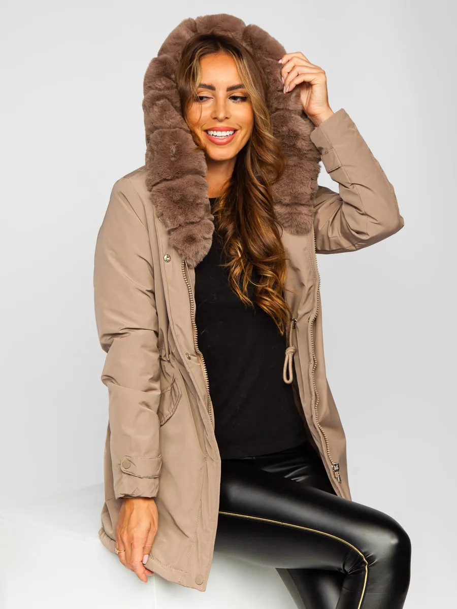 Beige women's winter parka jacket with hood