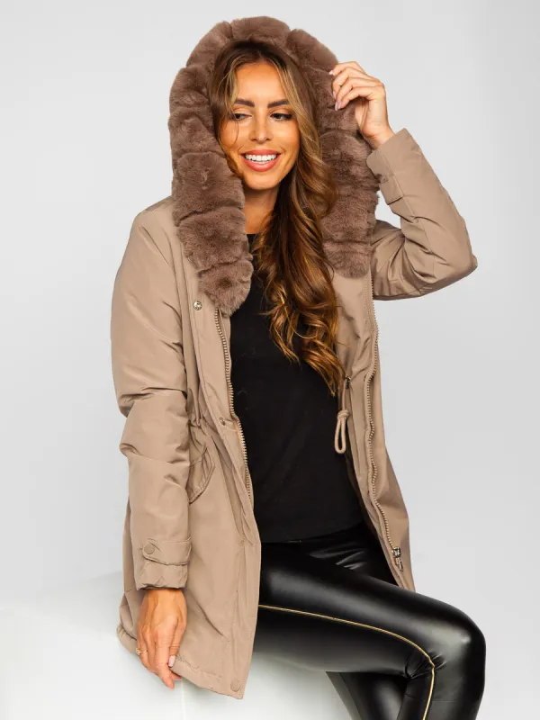 Beige women's winter parka jacket with hood