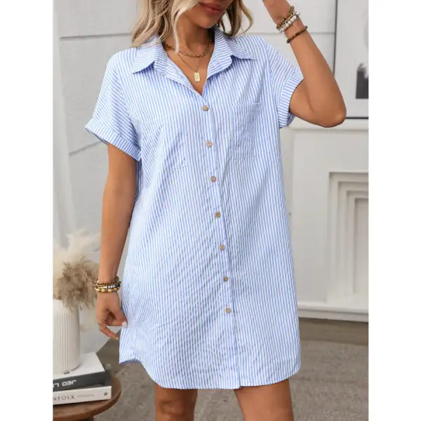 Striped Button Down Short Sleeve Mini Dress