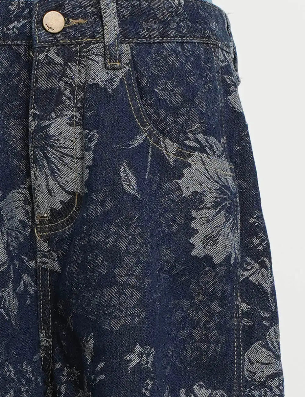 Vintage Denim Pants Floral Print Barrel Pants