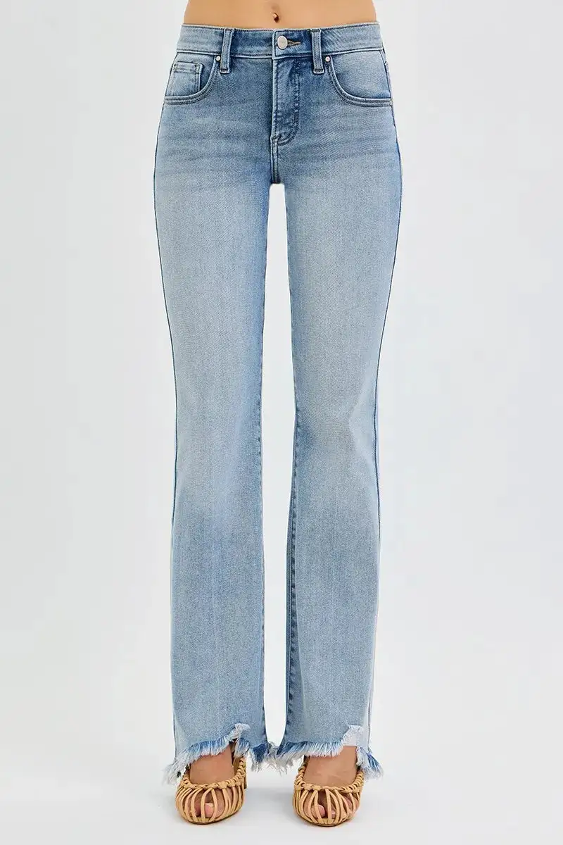 Mid Rise Frayed Flare Jeans