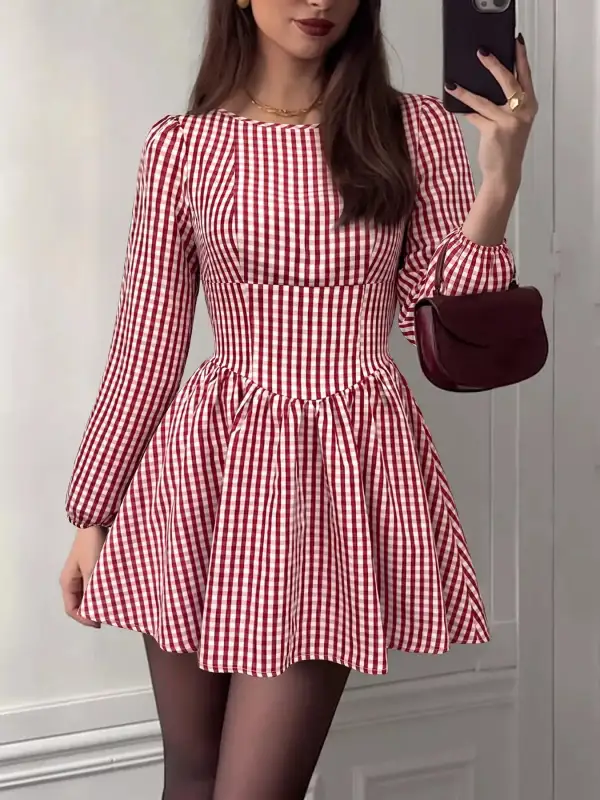 Backless Plaid Long Sleeve Dress