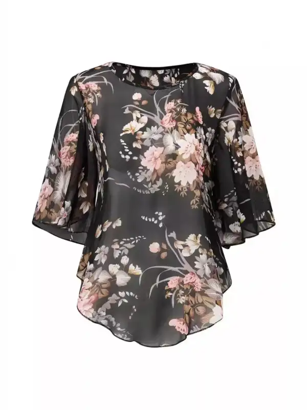 Sheer Floral Print Flutter Sleeve Blouse