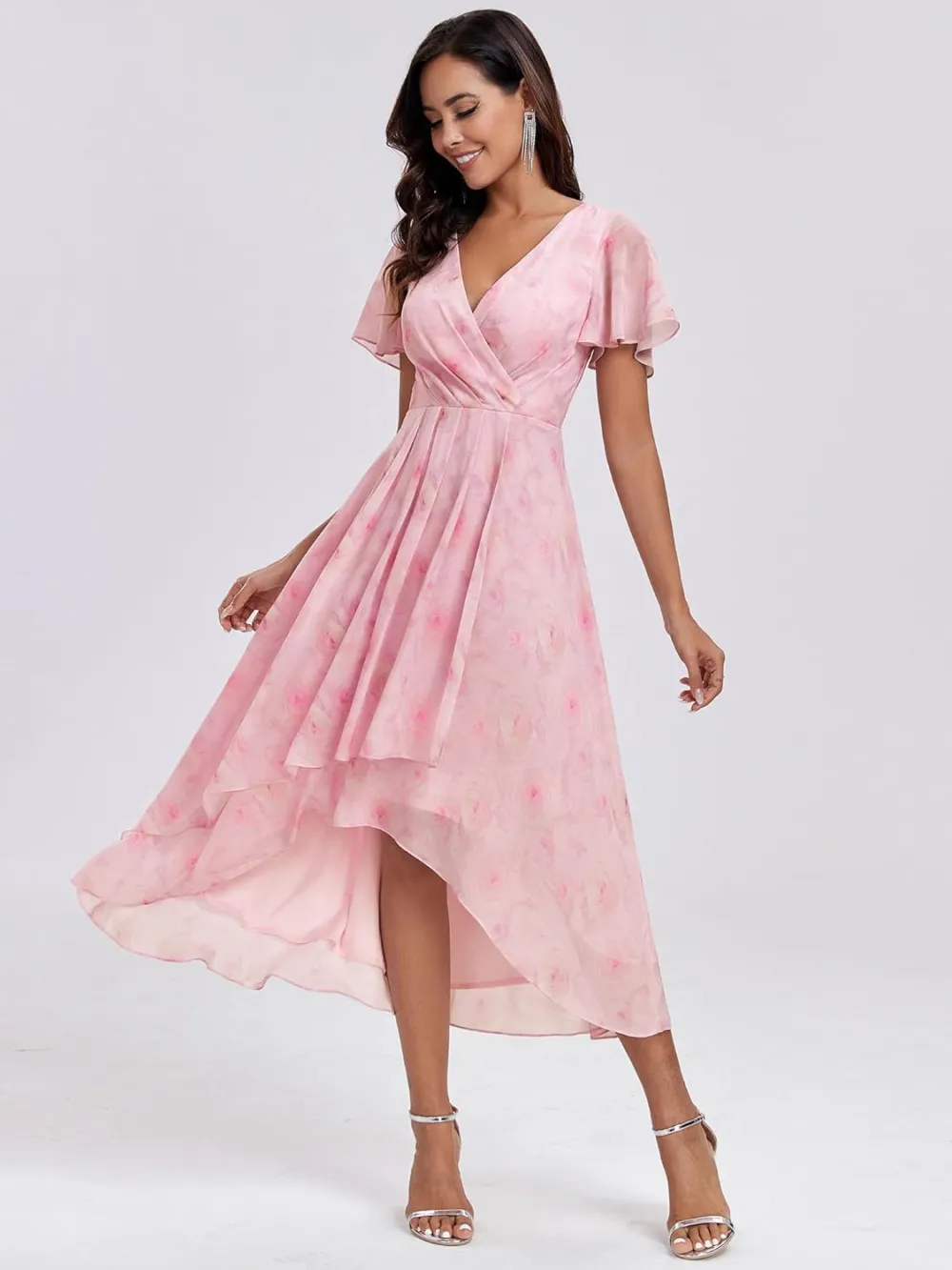 6PACK-Ruffles Sleeve Pleated V-Neck A-Line Midi Chiffon Wedding Guest Dress