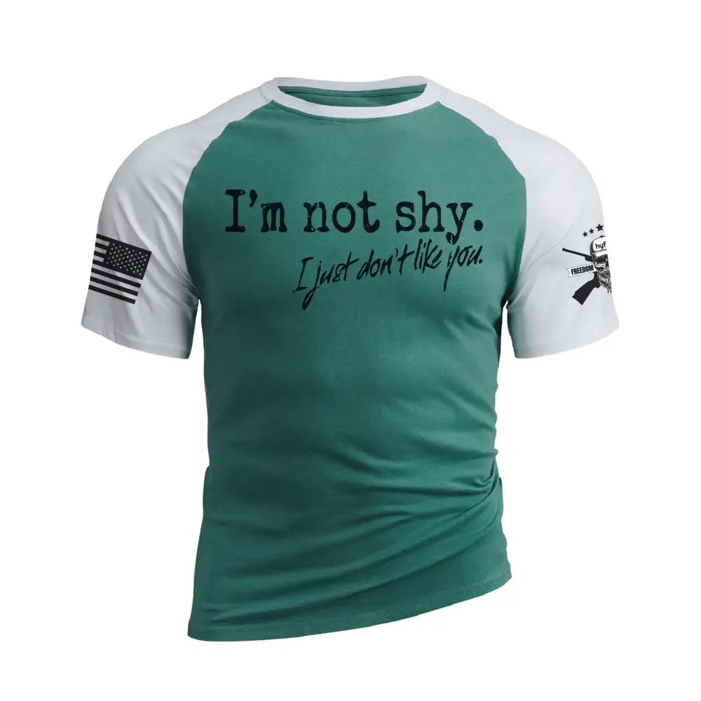 I AM NOT SHY RAGLAN GRAPHIC TEE