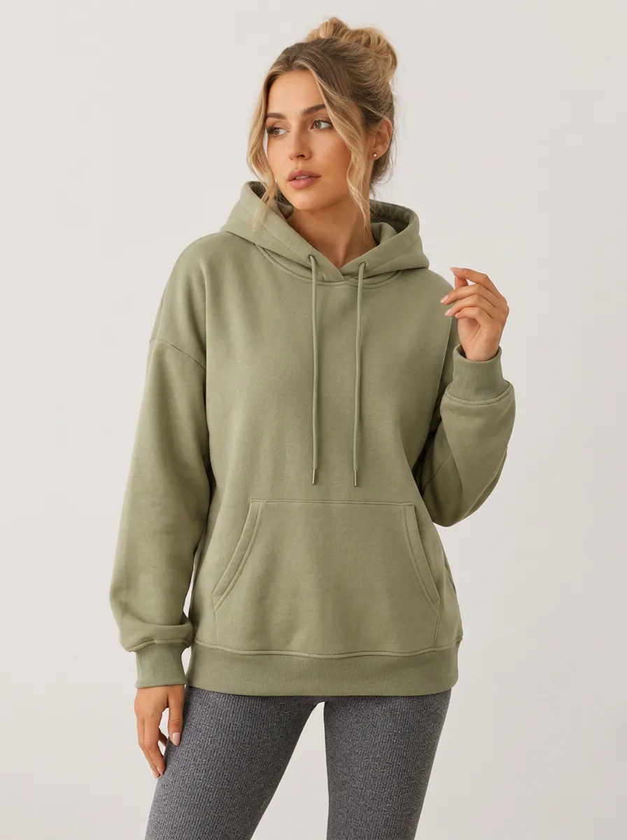 Women's Casual Minimalist Olive Green Solid Color Pullover Hoodie
