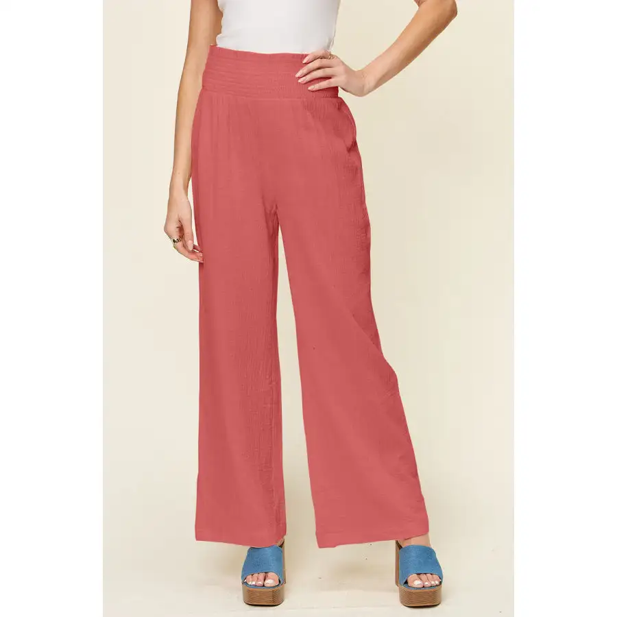 Full Size Texture Smocked Waist Wide Leg Pants