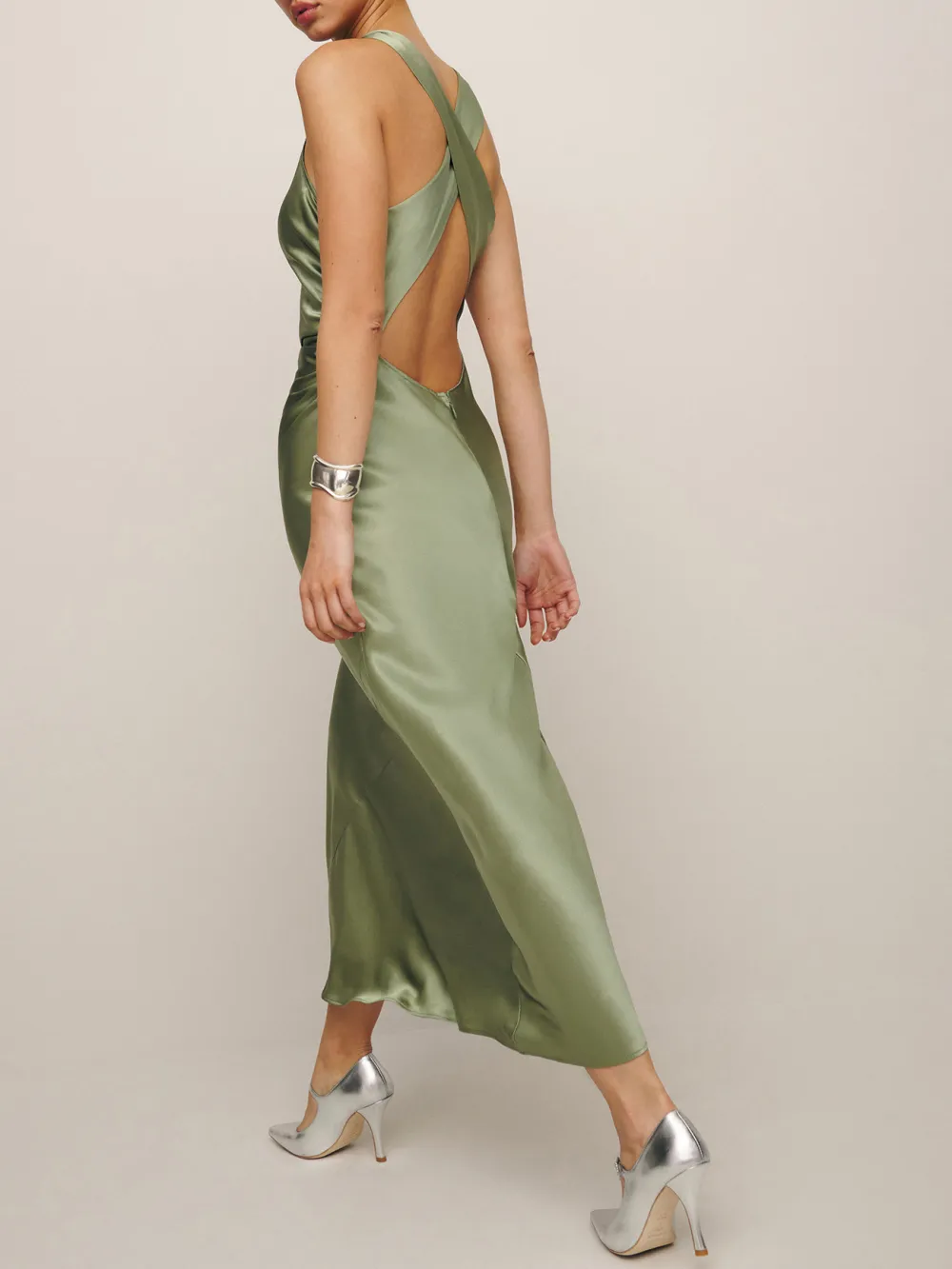 Sleeveless Satin Cowl Neck Midi Dress