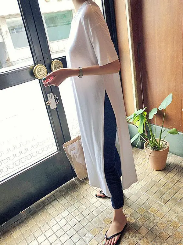 Casual Minimal Side Slit Long T-Shirt