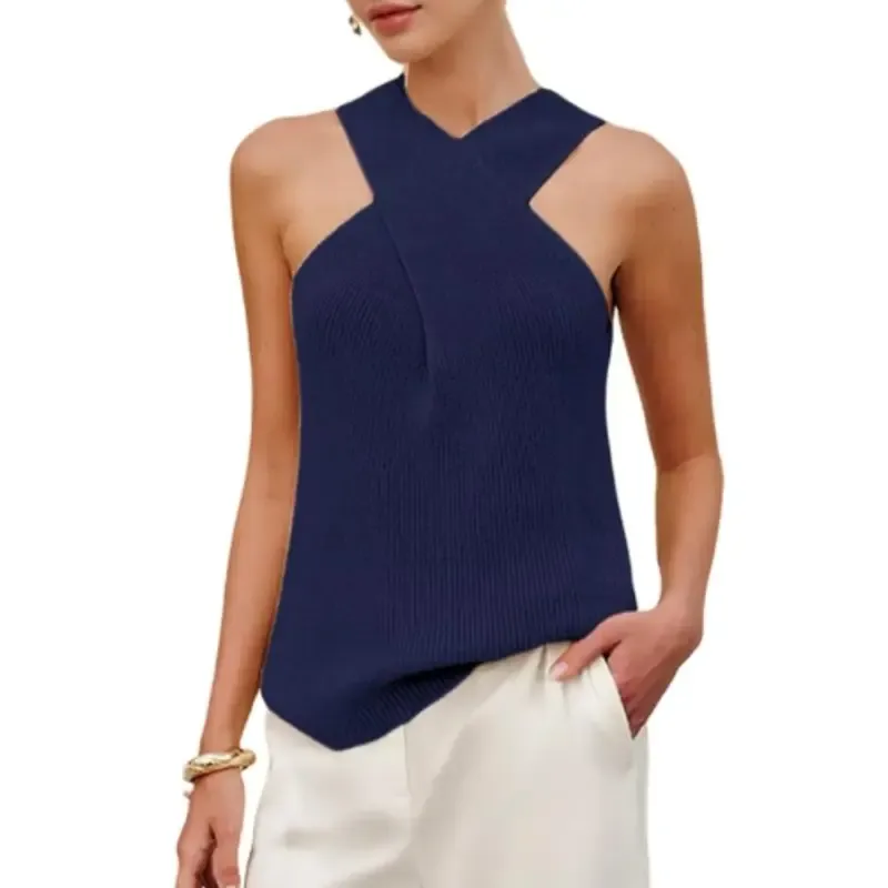 Tanming Women's Halter Cross Over Collar Tank Knit Sleeveless Camisole Top