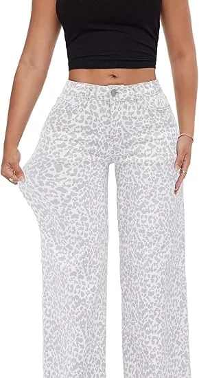 Mid-low Rise Baggy Jeans Stretchy Wide Leg for Women Distressed Pants
