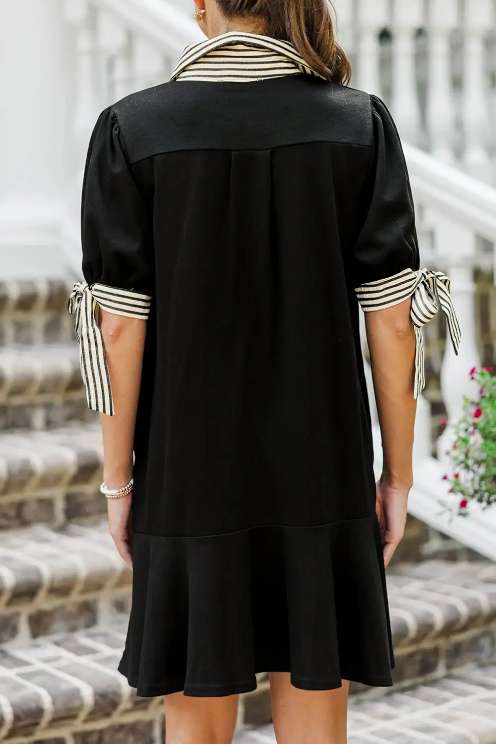Striped Half Button Short Sleeve Mini Dress