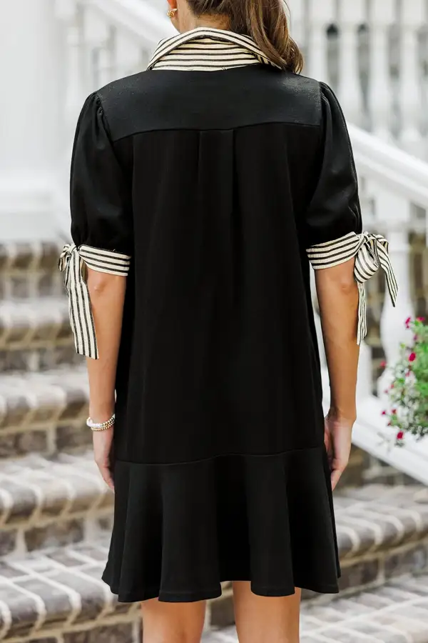 Striped Half Button Short Sleeve Mini Dress
