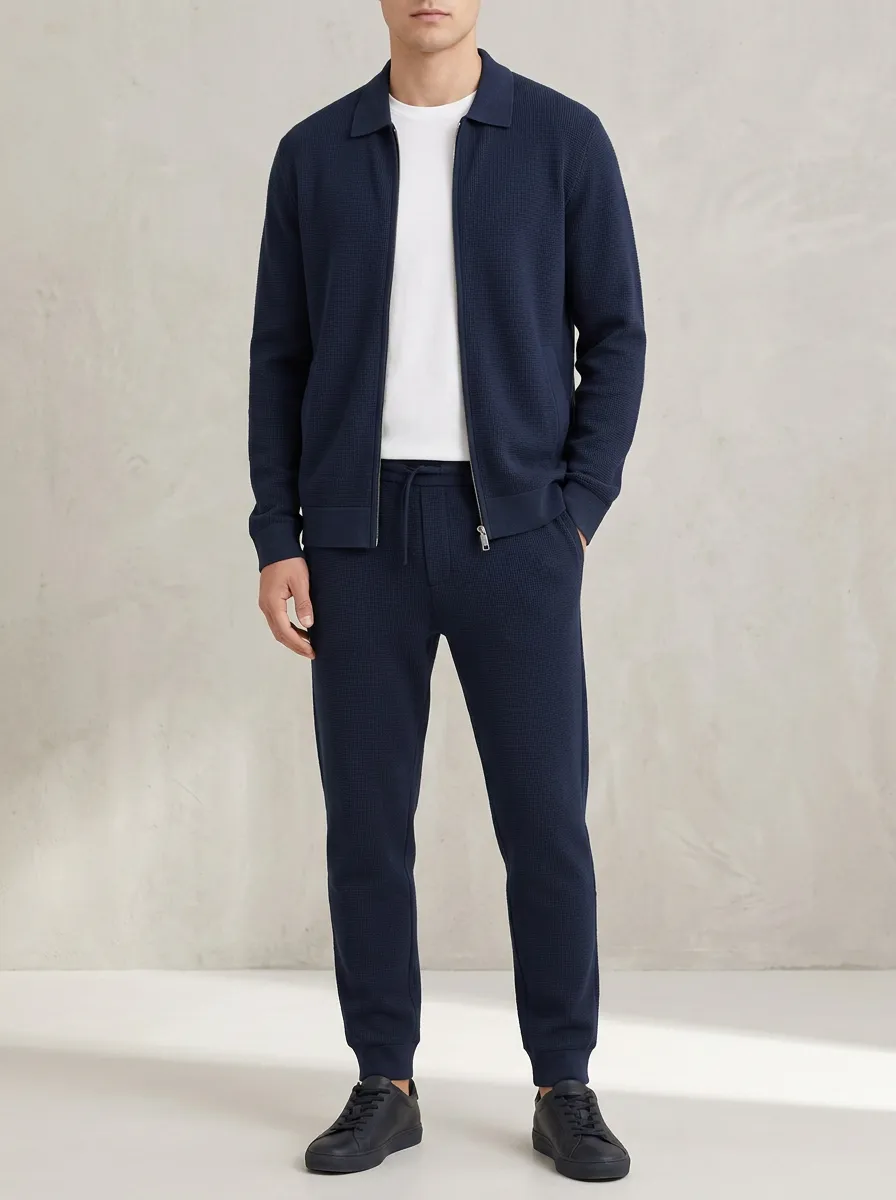 Men's Classic Waffle Textured Zip-Up Polo Collar Jacket and Jogger Pants Set