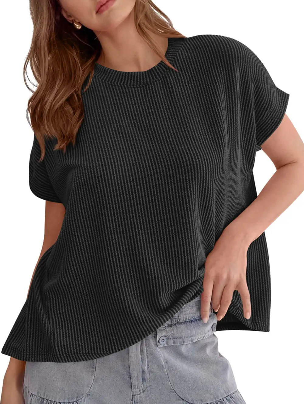 Ribbed Knit Crew Neck Tee