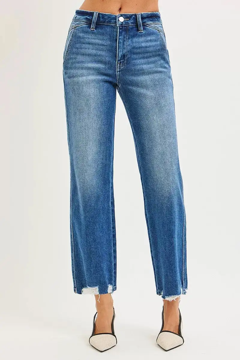 High-Rise Raw-Hem Distressed Washed Straight Leg Jeans