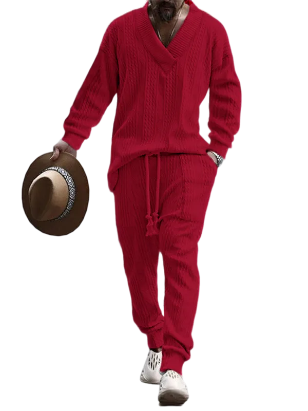 Men's Jacquard Drop Shoulder V Neck Top & Drawstring Waist Pants, Casual Fashion Pullover & Pocket Trousers for Daily Wear, Tracksuit Set, Tracksuits, Mens Jogger Sets, Sweat Suits Workout, Men's 2 Piece Set, Menswear, Clothes, Formal Wear, Sweat Set