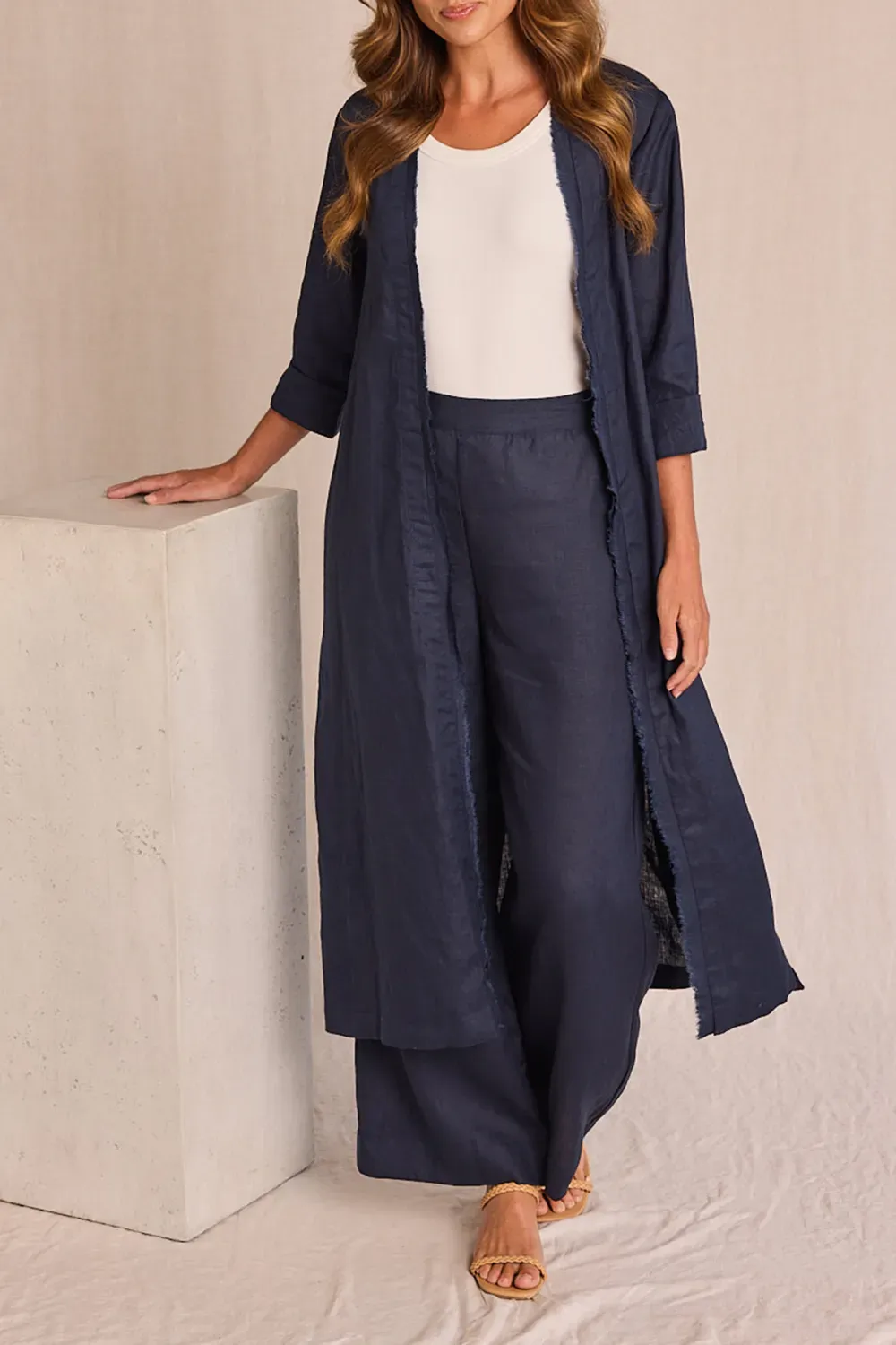 Long Line Fringed Linen Duster Jacket In Navy
