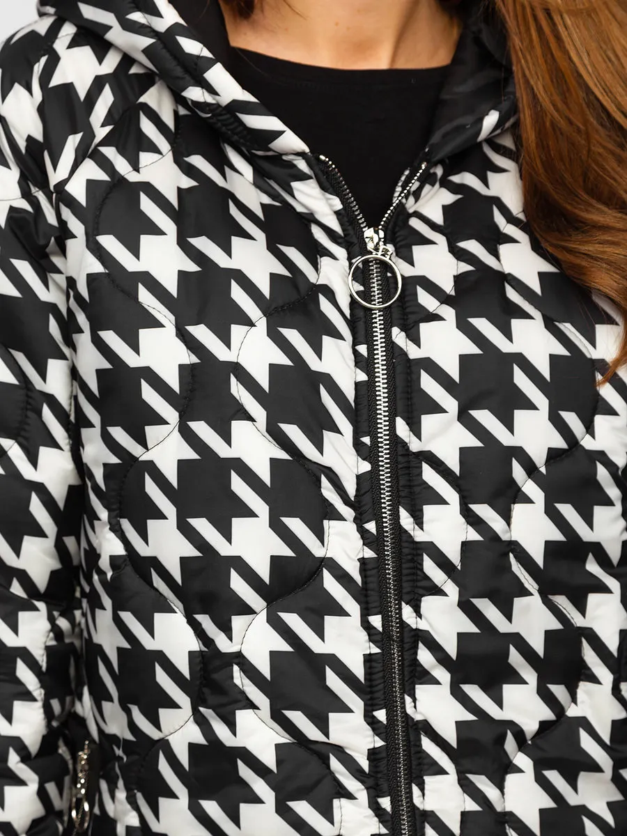 Black and white women's quilted winter jacket with hood