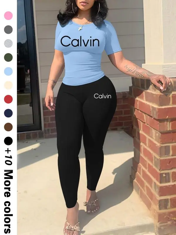 Calvin Letter Printing Women’s Casual Two-Piece Set Trendy Crop Top & Shorts | Lightweight Fabric | Effortless Summer Comfort
