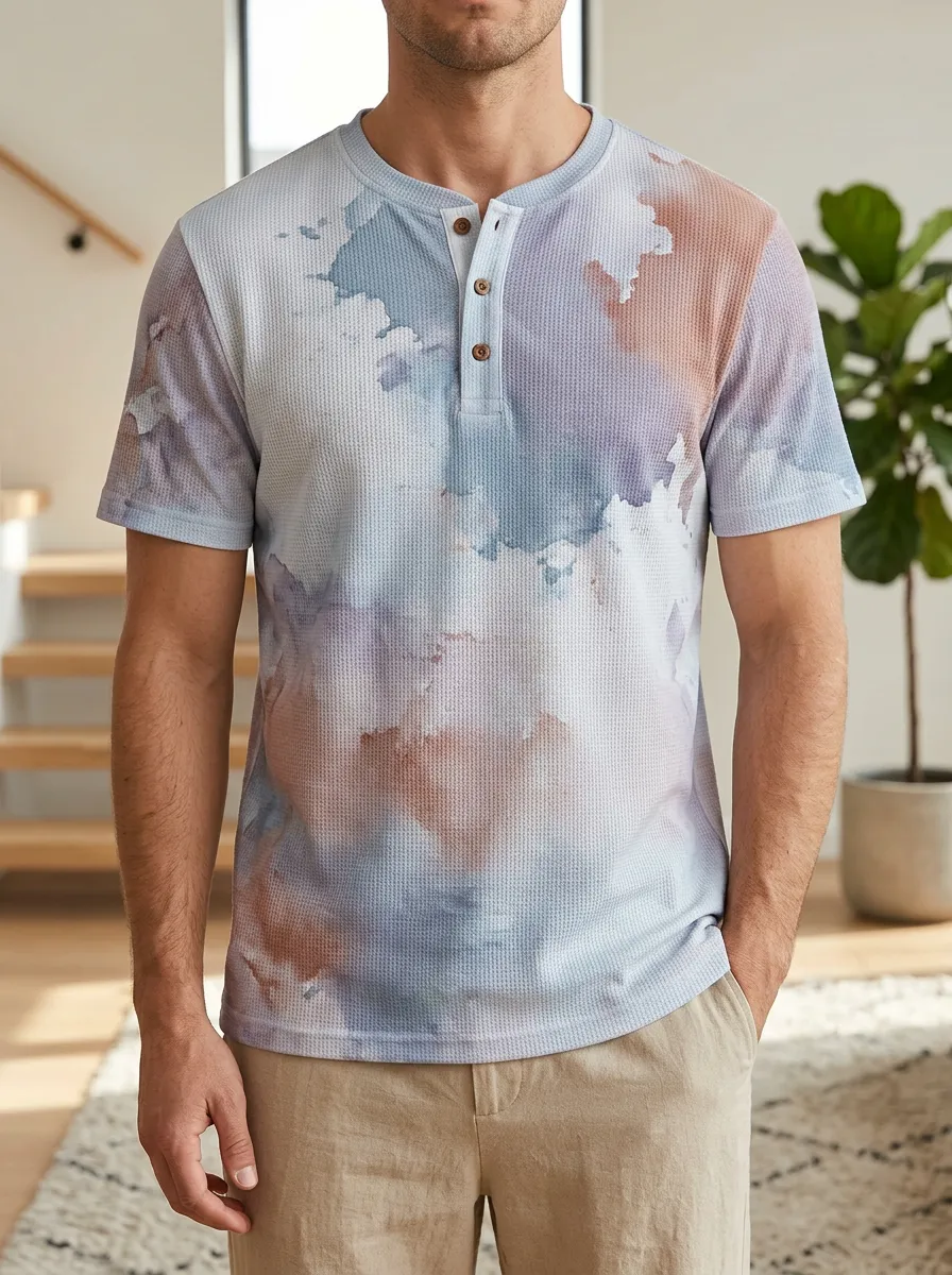Men's Abstract Watercolor Waffle Knit Printed Henley Shirt