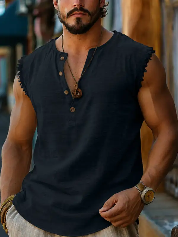 S Frayed Edge Henley Sleeveless Tank Top