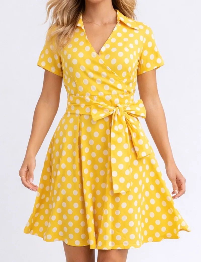 Chic Bow Polka Dot Short Sleeves Midi Dress