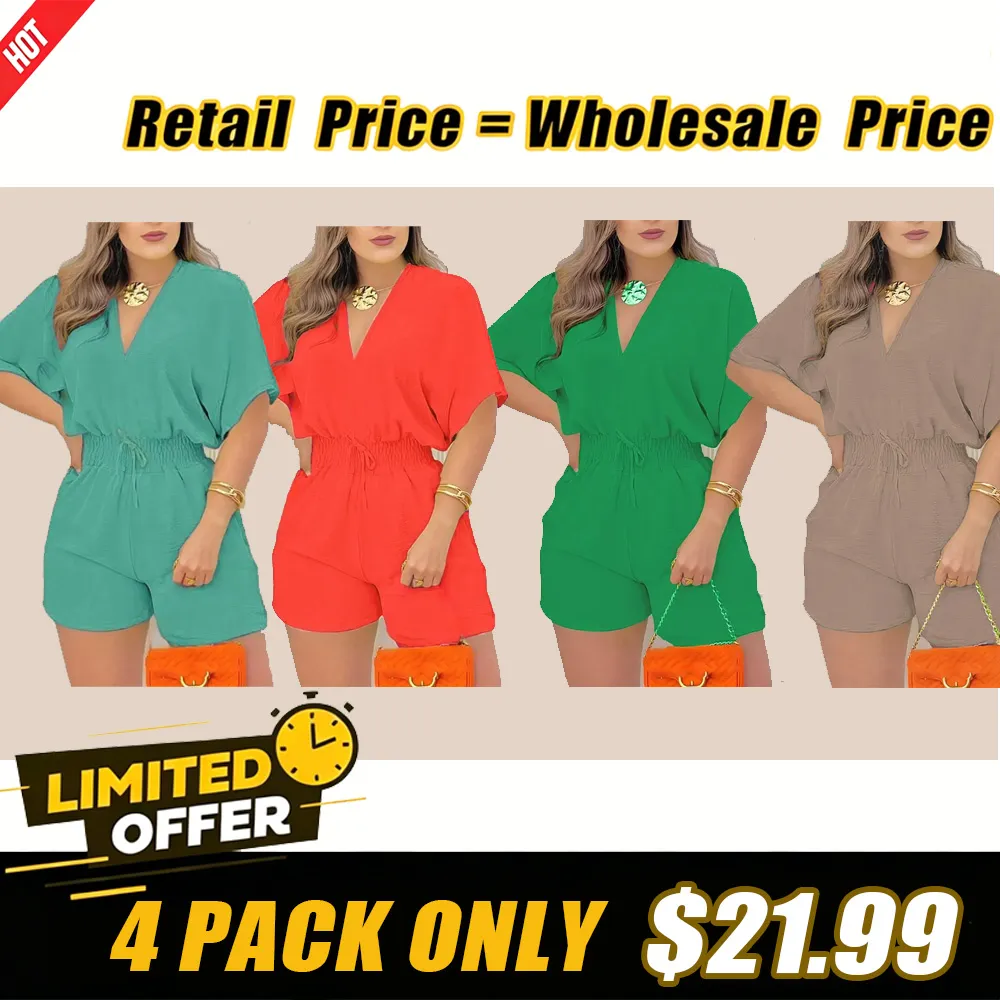 Women's Solid-Color V-Neck Jumpsuit with Drawstring Waist