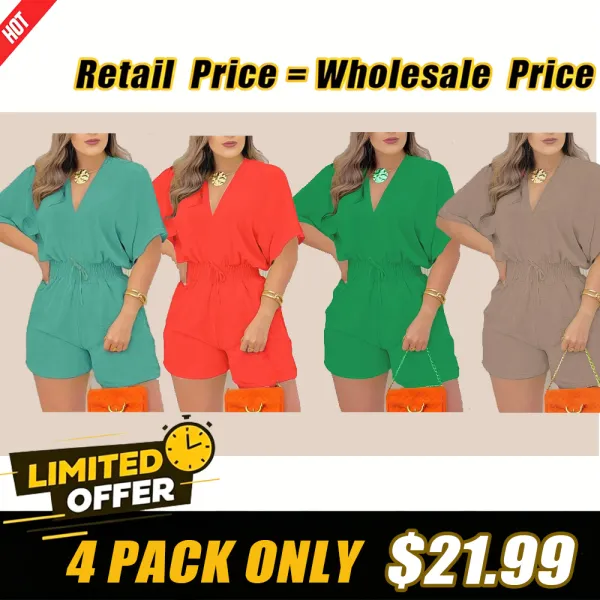 Women's Solid-Color V-Neck Jumpsuit with Drawstring Waist