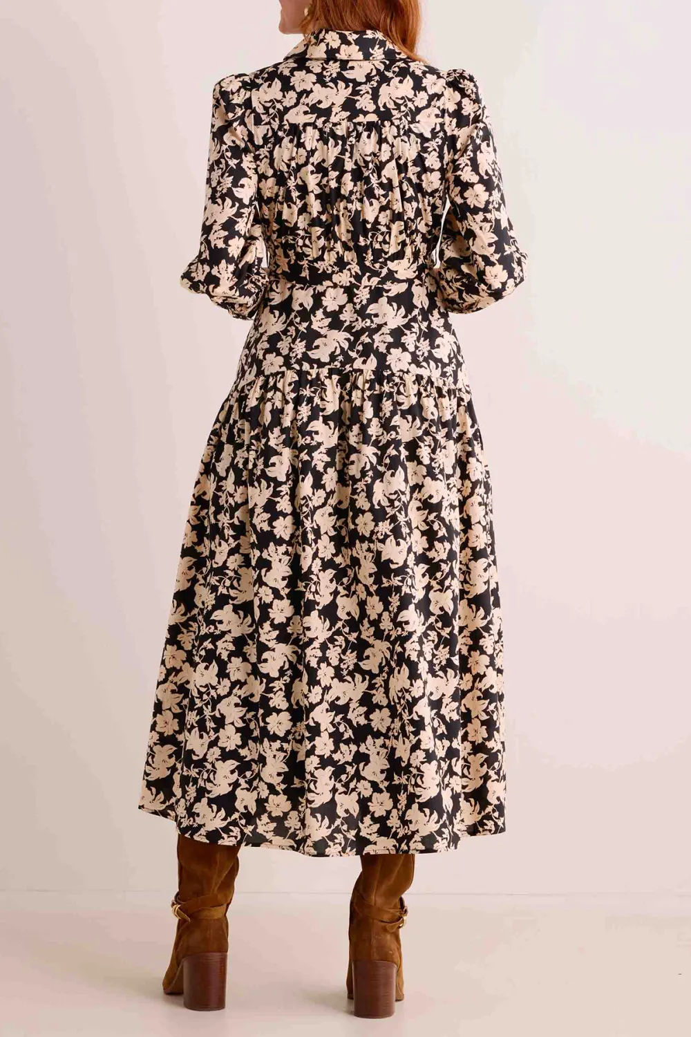 Brown Floral Print Long Sleeve Maxi Dress