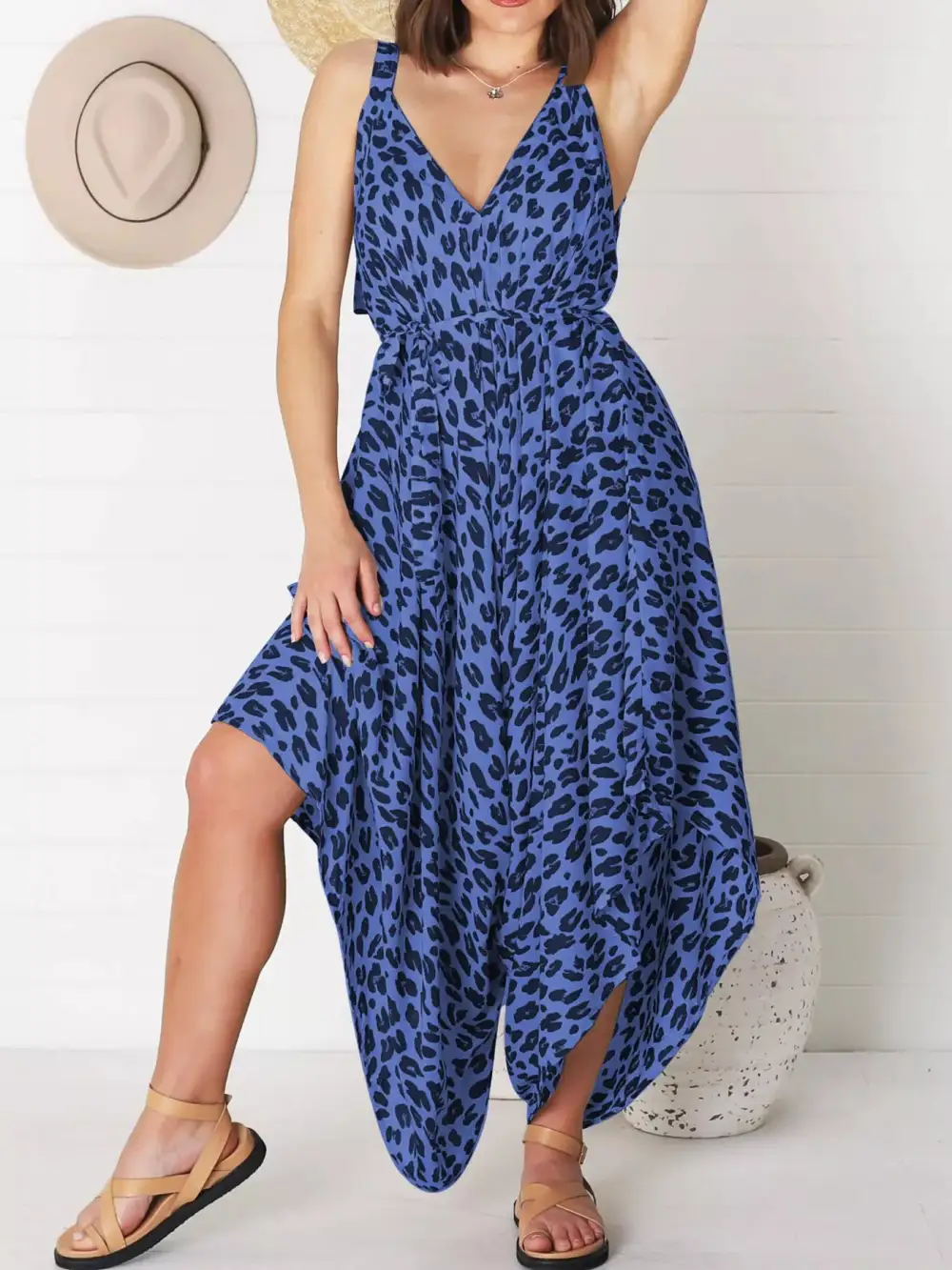 Plus Size Leopard Print V Neck Jumpsuit