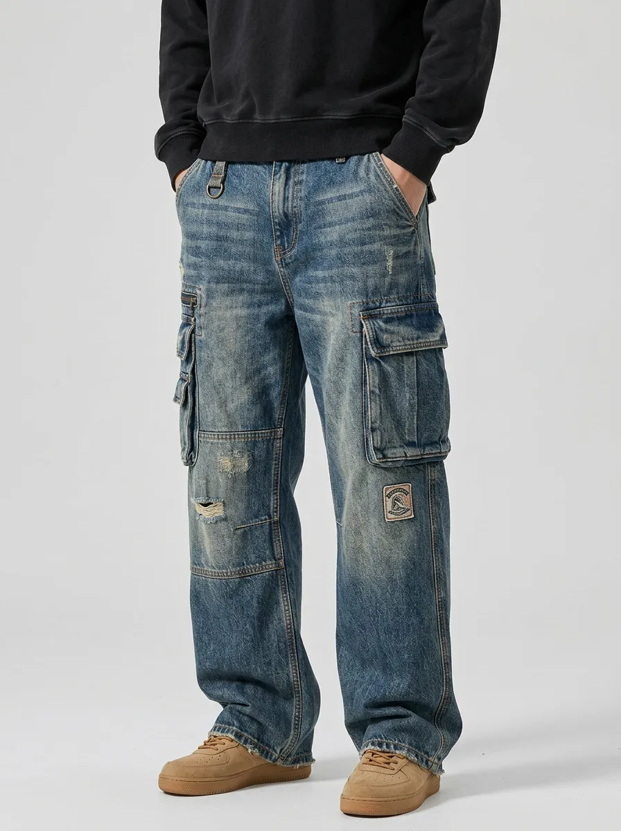 Men's Vintage Distressed Patchwork Printed Cargo Pants
