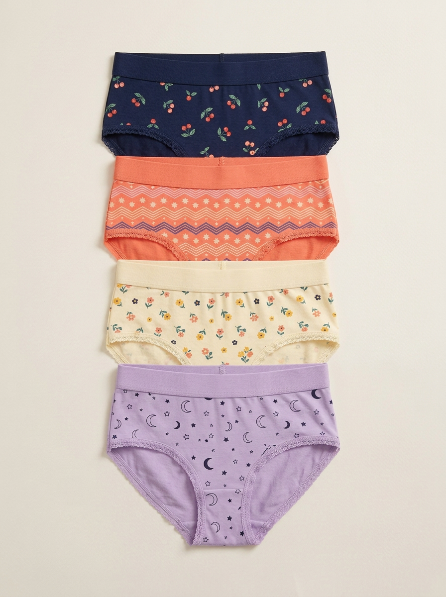 Women's Four-Pair Cherry Floral Geometric Moon Brief Set