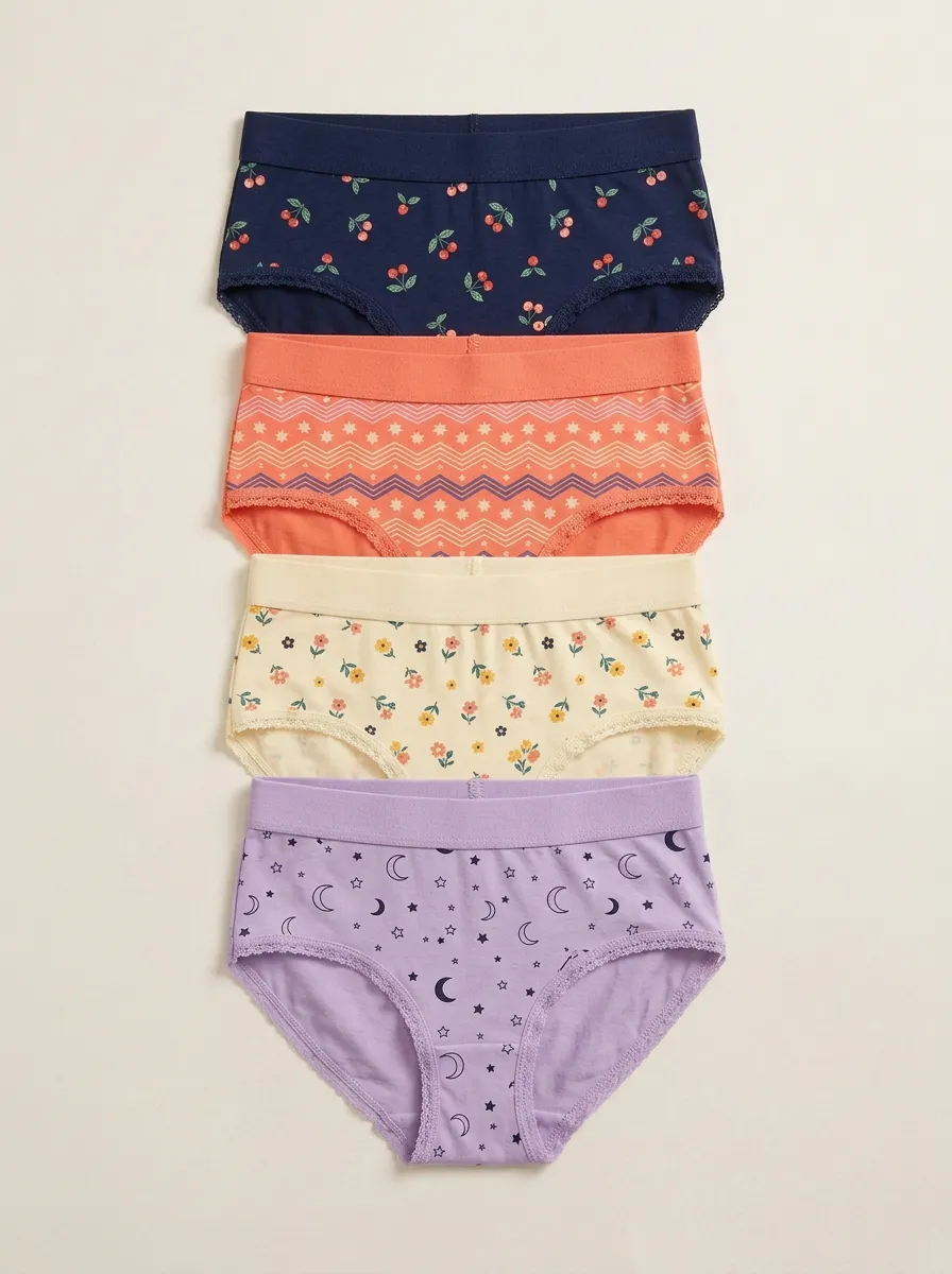 Women's Four-Pair Cherry Floral Geometric Moon Brief Set