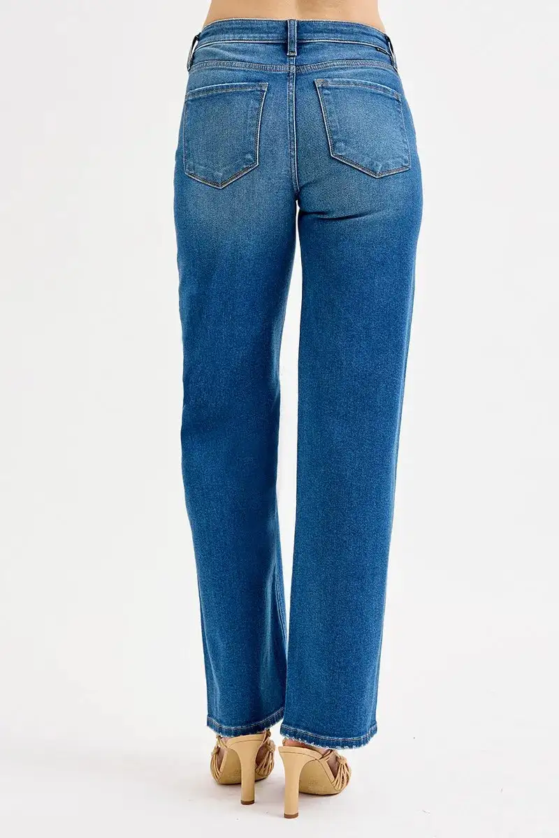 Refined Raw-Hem Distressed Washed Pocketed Straight Leg Jeans