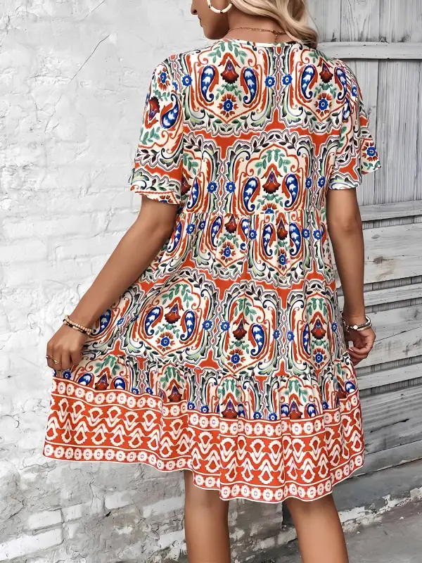 Boho-Print V-Neck Loose Fitting Mini Dress