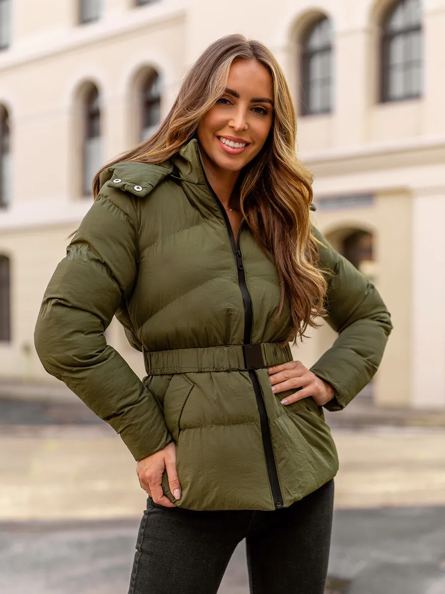 Khaki women's quilted winter jacket with hood