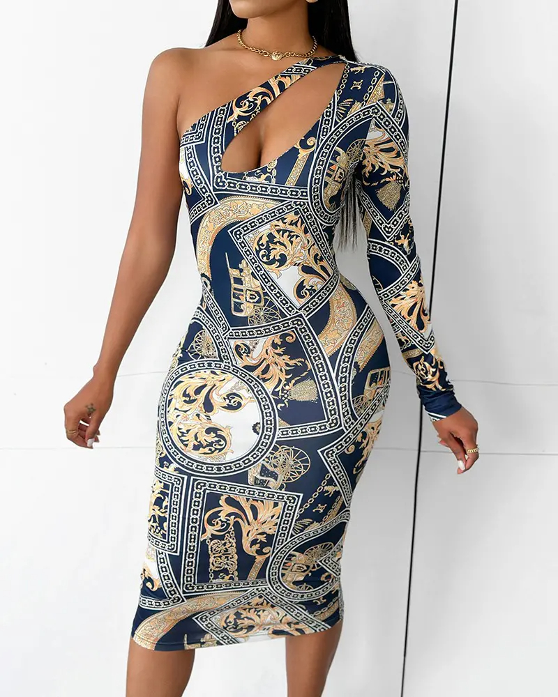 Print One Shoulder Cutout Bodycon Dress