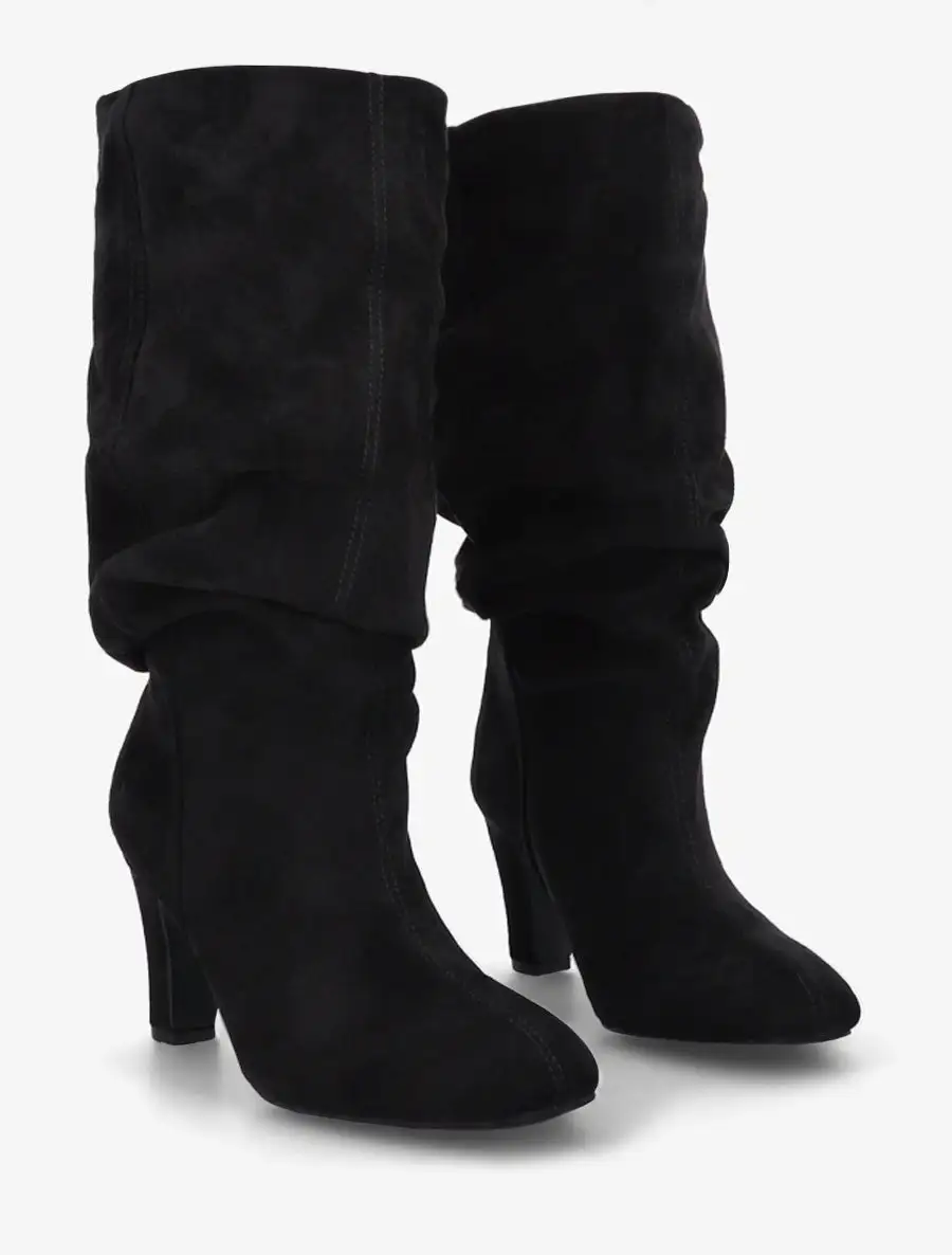 Polished Block Heel Ruched Faux Suede Knee High Boots