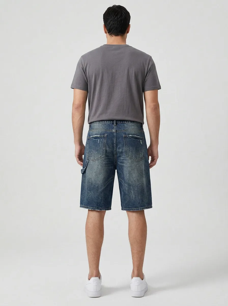 Storage-Ready Distressed Raw Hem Profile Men's Distressed Raw Hem Denim Shorts