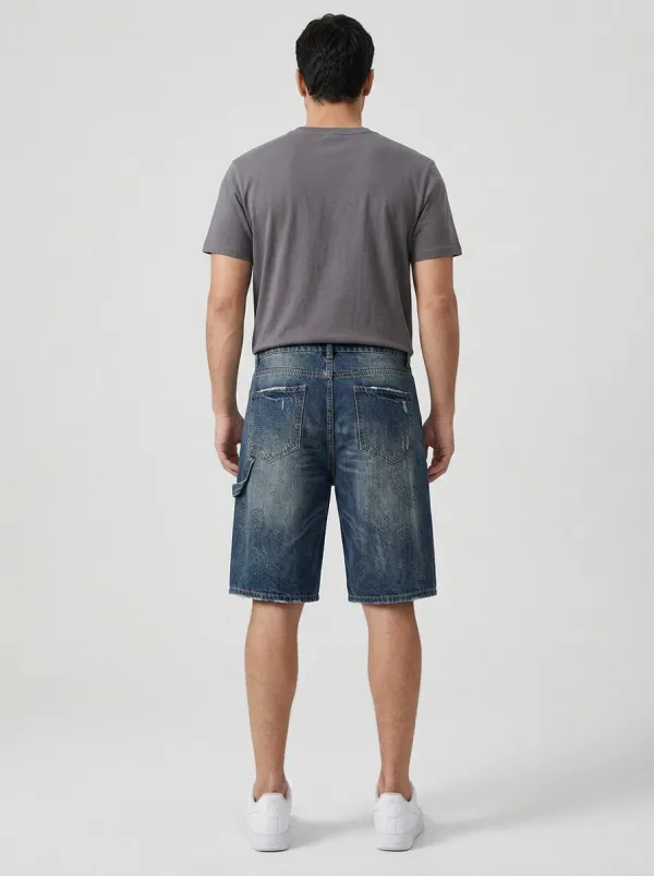 Storage-Ready Distressed Raw Hem Profile Men's Distressed Raw Hem Denim Shorts