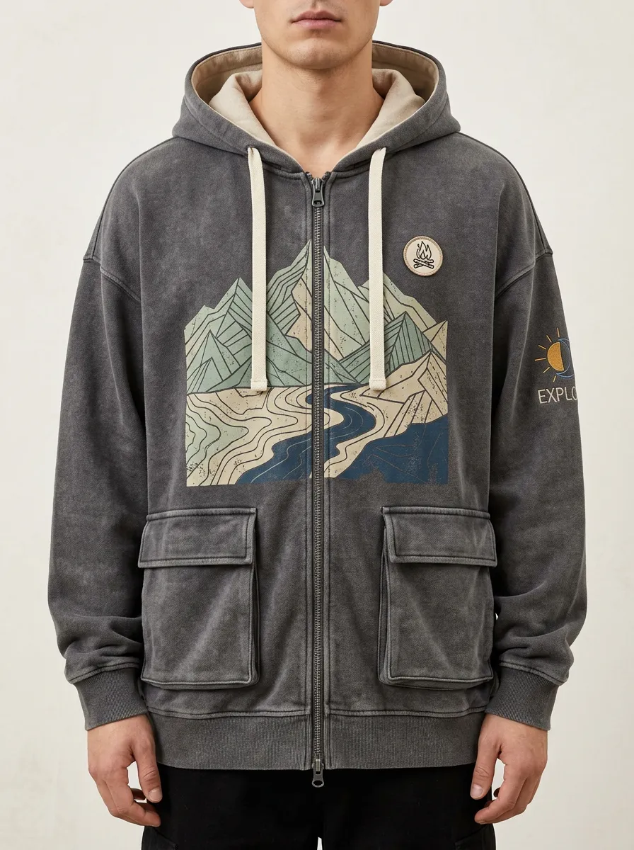 Men's Outdoor Adventure Mountain Landscape Printed Zip-up Hoodie