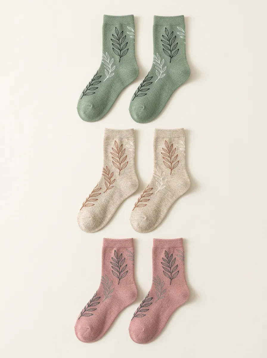 Women's 3-Pair Repeating Leaf Crew Sock Set