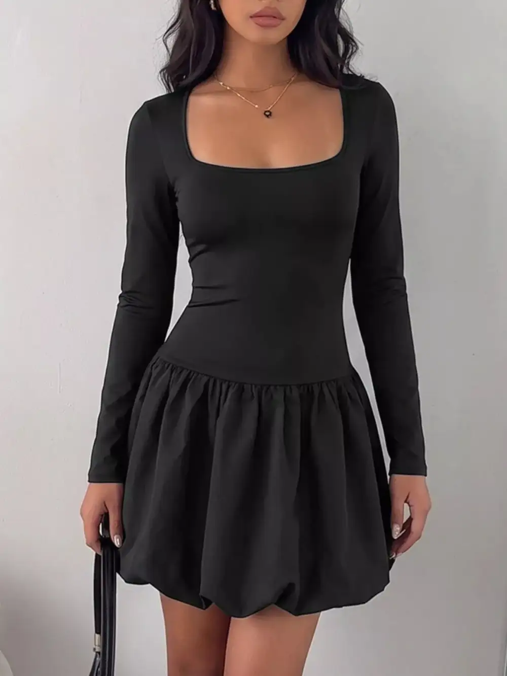 Square Neck Long Sleeve Bubble Hem Dress